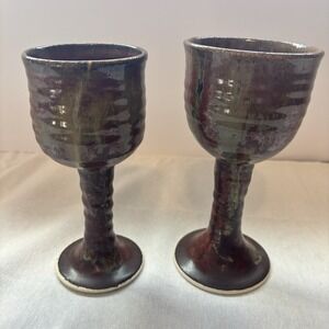 Handcrafted Ceramic /Art Pottery /Goblet Set of 2 /Glossy Brown /Signed